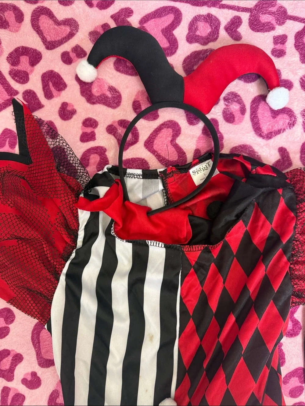 Spirit Red, Black & White Harlequin Jester Costume with Headband